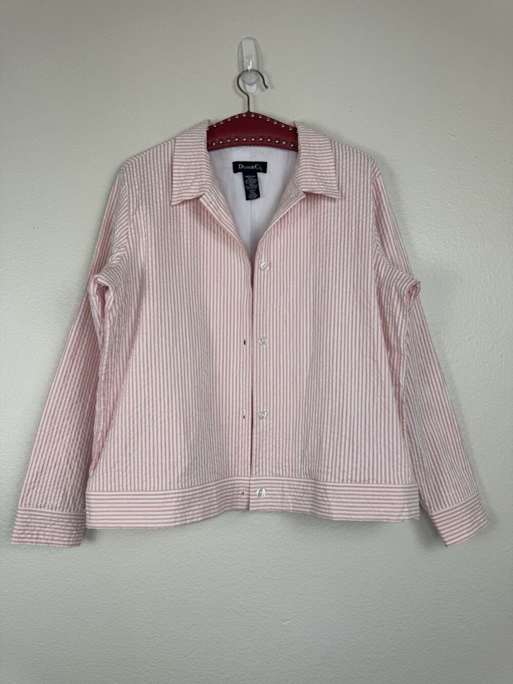 Denim & Co Striped Seersucker Button Down Jacket Stretch Preppy Pink White M